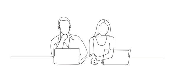 continuous line drawing of man and woman office workers. discuss work. vector illustration