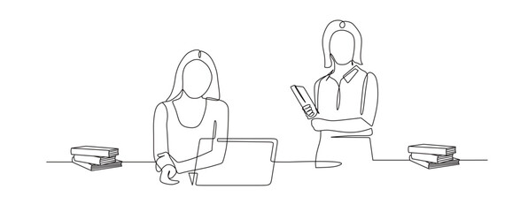 continuous line drawing of woman  office workers with lapton and book. discuss work. vector illustration