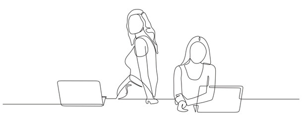 continuous line drawing of woman  office workers with lapton. discuss work. vector illustration