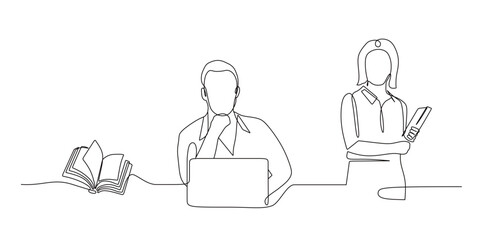 continuous line drawing of man  and woman office workers with lapton and book. discuss work. vector illustration