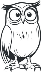Black and white cartoon illustration of an owl with big eyes and detailed feathers