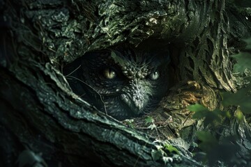 A creature with glowing yellow eyes hides within a tree trunk, camouflaged by its rough bark, Elusive creatures hidden in the shadows