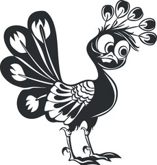Black and white stylized peacock illustration with ornamental feathers and decorative crest