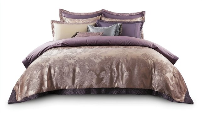 Luxurious bedding set with damask pattern, plush duvet cover, and multiple pillows in shades of purple and beige.