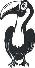 Black and white cartoon illustration of a toucan bird with large beak and wings perched