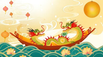 Obraz premium Dragon Boat Festival Festive Background: With Colorful Festival Elements, Rendering the Warm Atmosphere and Folk Spectacle of the Traditional Dragon Boat Festival
