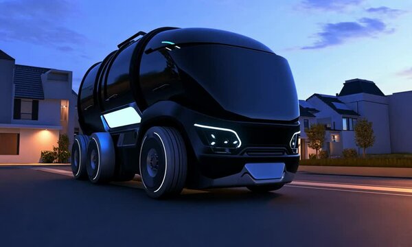 Autonomous garbage truck moving along peaceful suburban street illuminated by twilight made with Generative AI technology
