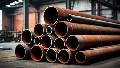A stack of steel pipes in a warehouse or factory with a blurry background