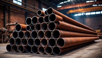A stack of steel pipes in a warehouse or factory with a blurry background