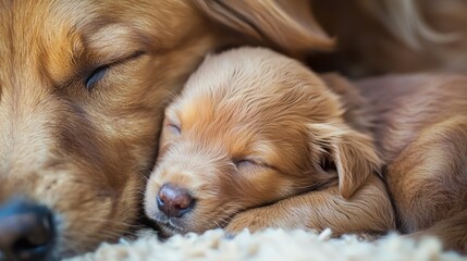 A newborn dog puppy cuddled up beside its mother
