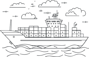 Fototapeta premium Line art illustration of a cargo ship carrying containers sailing on the ocean with clouds and birds above