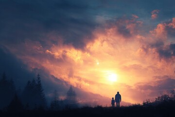 Fototapeta premium Father and Child Silhouette at Sunset