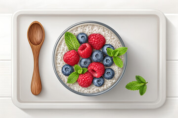Chia Seed Pudding with Fresh Berries and Mint in Glass Bowl – Healthy Breakfast Idea