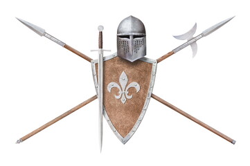 sword helmet brown shield and lances isolated on white