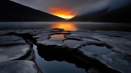 Dramatic mountain lake sunrise over dark rocks.  Pools of water reflect the fiery sky