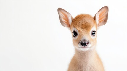 A curious baby deer with large eyes looking directly at the camera, close-up portrait with white background, and innocent and adorable expression.