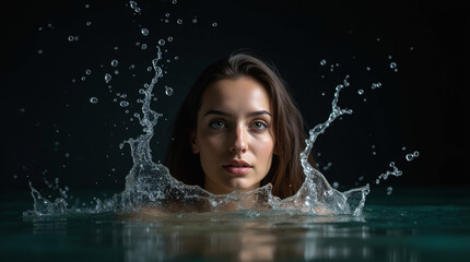 close-up of a young woman's face with water splashing on it.