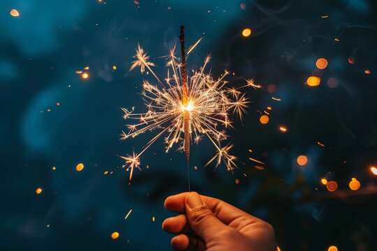 A close-up shot of a hand holding a burning sparkler against a dark blue night sky, Sparklers and fireworks lighting up the night sky