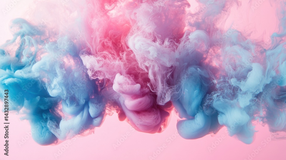 Poster ethereal pink and blue ink cloud swirling in water creating a dreamy abstract pattern with soft ligh