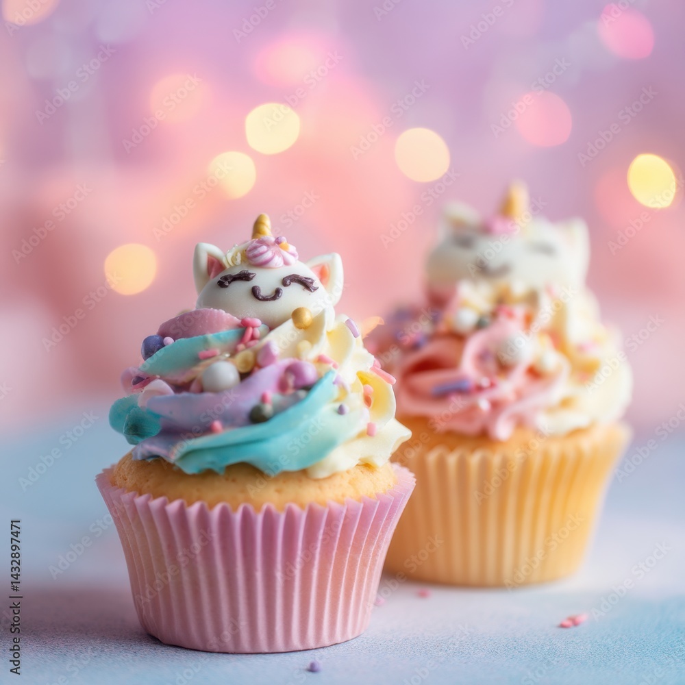 Poster delightful unicorn cupcakes with colorful frosting and sprinkles against a soft bokeh background cap
