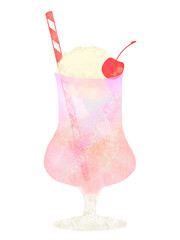 透明感のある水彩手描きのクリームソーダのイラスト 　いちご　strawberry soda