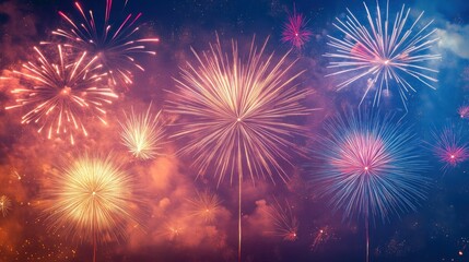 Fototapeta premium Vibrant fireworks display exploding in the night sky, colorful bursts and smoke trails.
