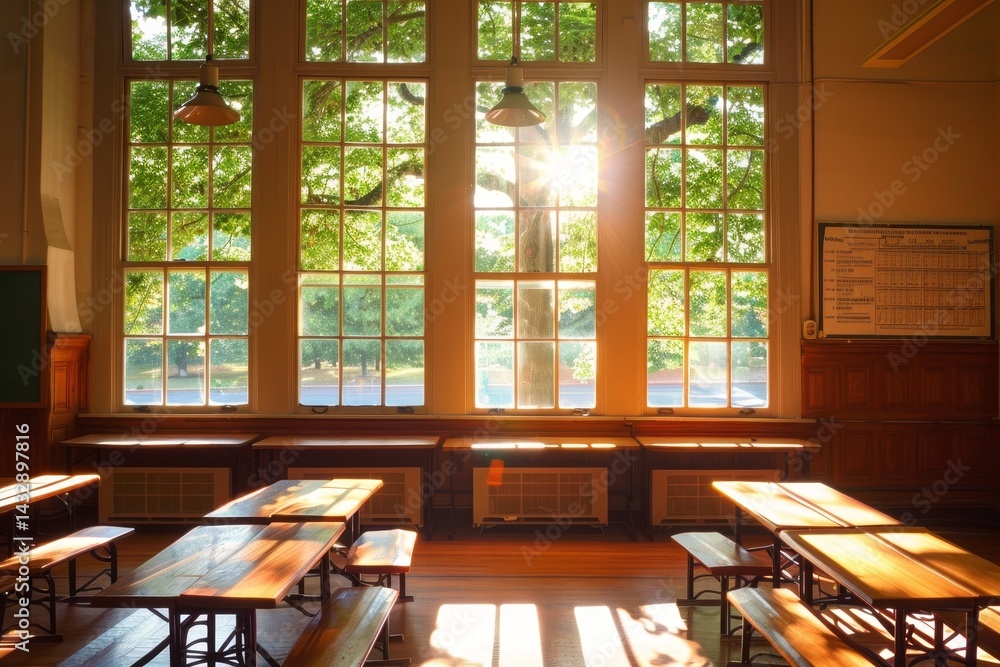 Aufkleber an empty classroom with sunlight streaming through large windows, a peaceful classroom with sunlight