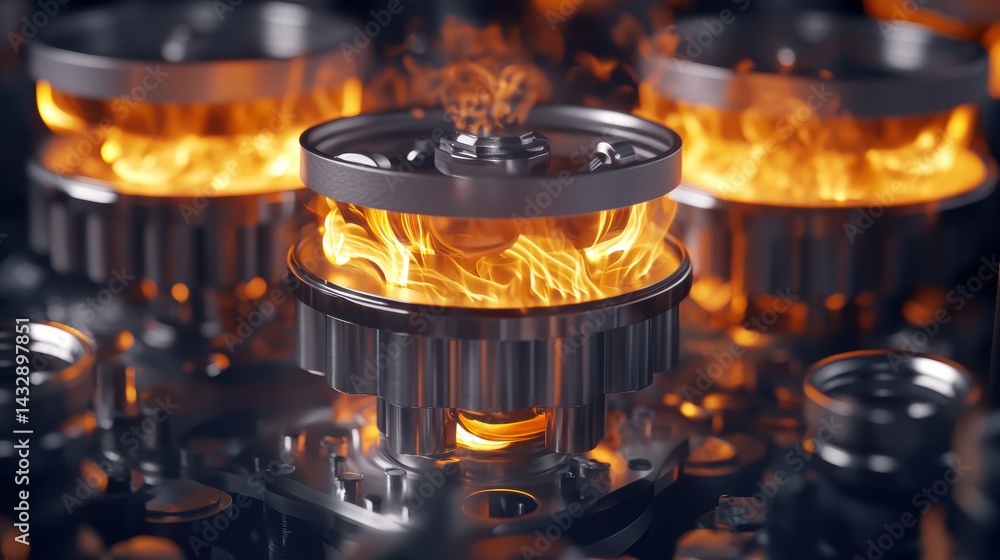 Poster a 3d rendering of a complex mechanical system with a central engine and flames emanating from it.