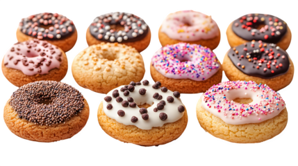 Collection of round cookies with sprinkles and icing, isolated on white background