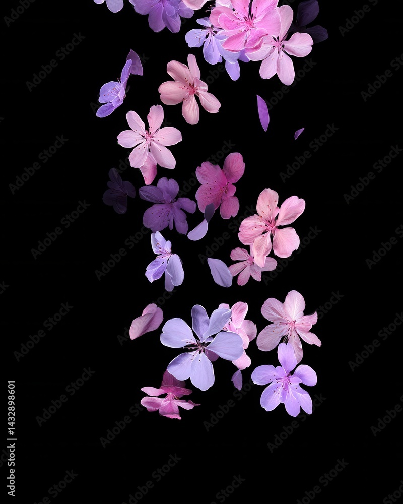 Poster delicate floral cascade with soft pastel hues on a stark black background creating a serene and capt