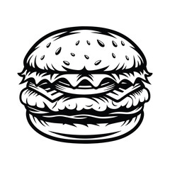 Black and White Burger Sketch with Sesame Seeds, Lettuce, Tomato, and Patty Icon