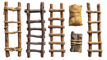 Collection of wooden ladders and rope ladders isolated on white background