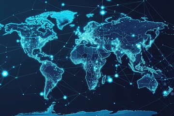 Glowing Blue World Map with Data Points and Connected Networks