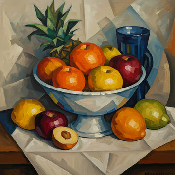 Vibrant Still Life Painting of Fruit Bowl with Pineapple, Apples, and Lemons