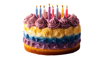 Colorful birthday cake with candles, layered sponge and frosting isolated on white background