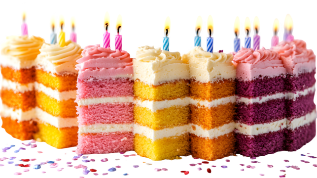 Colorful birthday cake with candles, layered sponge and frosting isolated on white background