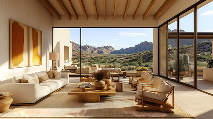 Boho-chic industrial desert living room with natural light, textured rugs, and a mix of wood and metal furniture