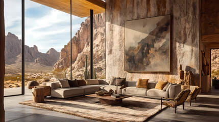 Boho-chic industrial desert living room with natural light, textured rugs, and a mix of wood and metal furniture