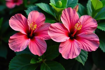 Intricate hibiscus blossoms, vibrant petals, lush leaves , digital, Hibiscus