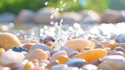 Close-Up of Smooth Polished River Stones with Water Splash