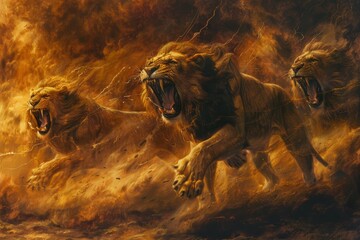 Three lions run through a dust storm with open mouths, as if chasing away evil spirits, Roaring lions chasing away evil spirits