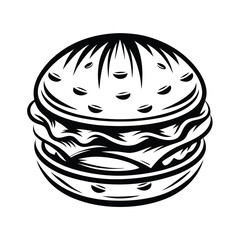 Burger Illustration, Black and White Sketch, Round Shape, Isolated, Cartoon, Fast Food