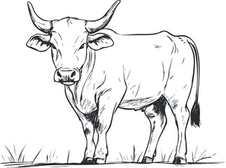 Black and white sketch of a bull with large curved horns standing on grass, farm livestock illustration