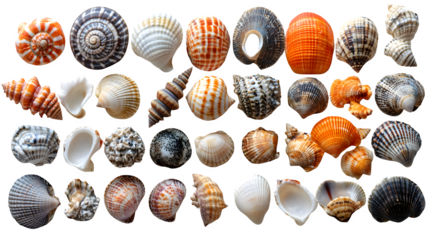 Assorted seashells scattered on light sand surface, beach-themed setup, isolated on white background