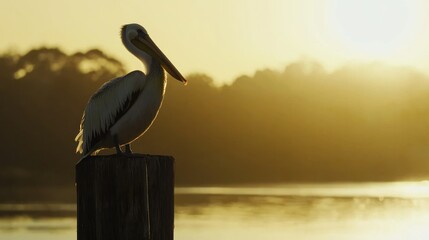 A pelican perched on a wooden post against the morning sky.