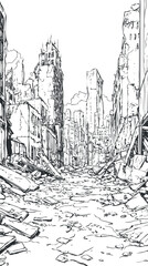 Black and white sketch of a destroyed city street with ruined buildings and rubble scattered along the road in a post-apocalyptic setting.