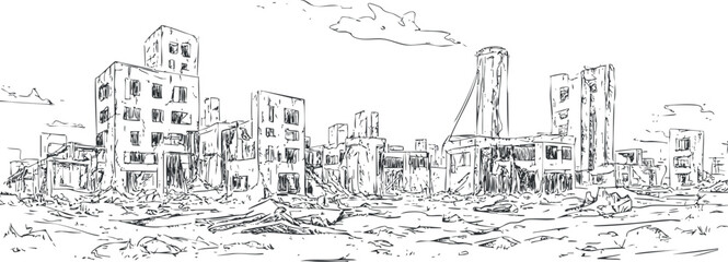 Obraz premium Black and white sketch of a destroyed urban cityscape showing ruins and devastation in a postapocalyptic setting