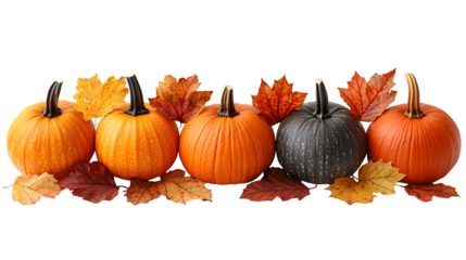 Autumn harvest pumpkins with dry leaves in warm colors, arranged naturally, isolated on white background