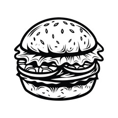 Black and White Burger Icon, Fast Food Clipart, Monochrome Burger, Simple Burger Art