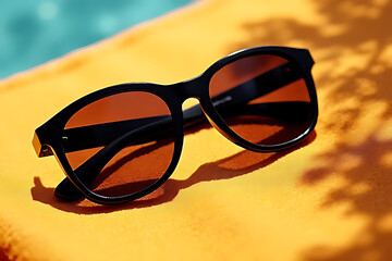 Fashion sunglasses with a beach towel and palm shadows, strong sunlight and vivid tones